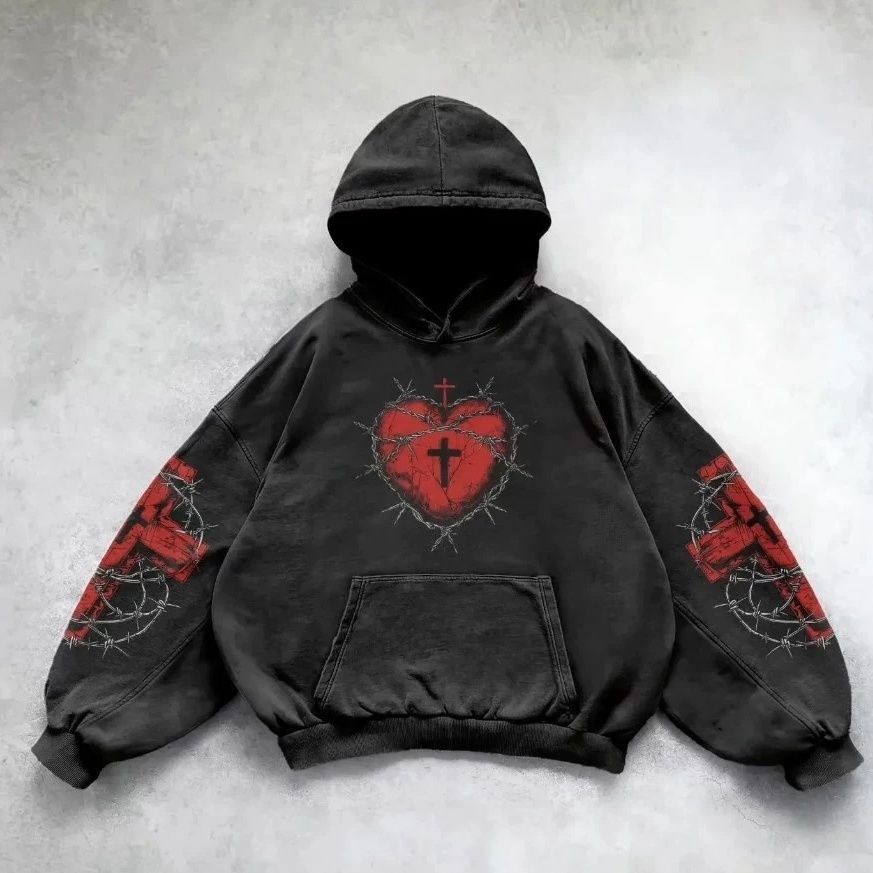 Cross&Heart Print Slant Pockets Hoodie