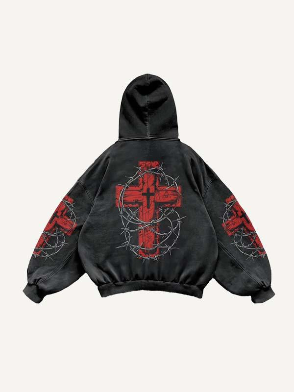 Cross&Heart Print Slant Pockets Hoodie